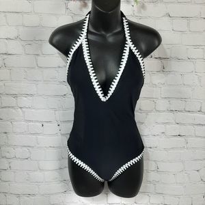 Sexy Tempt Me Swimsuit Low V Black/White 1 piece Size S Plunging Halter …